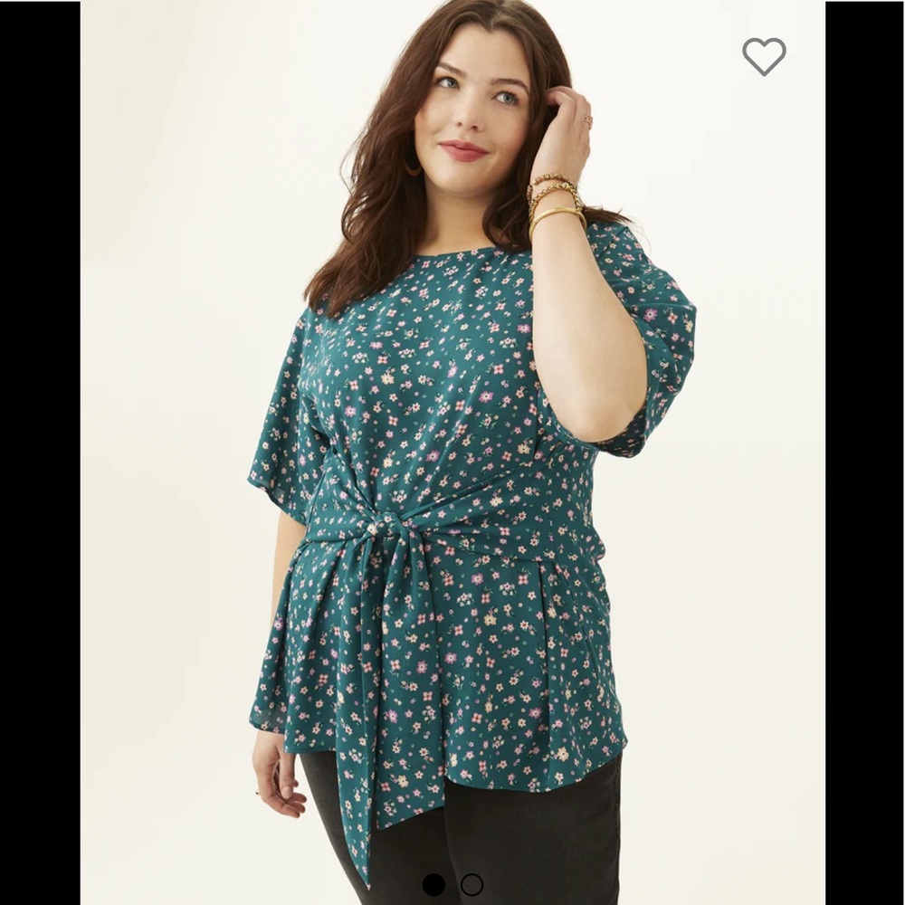 Molly & Isadora Blouse Sz 3X Navy Floral Round Neck Sleeve Waist Tie